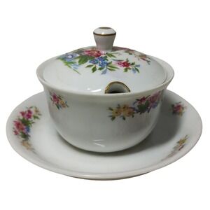 CH Field Haviland Limoges Mustard Pot with Attached Under‎ Plate Floral